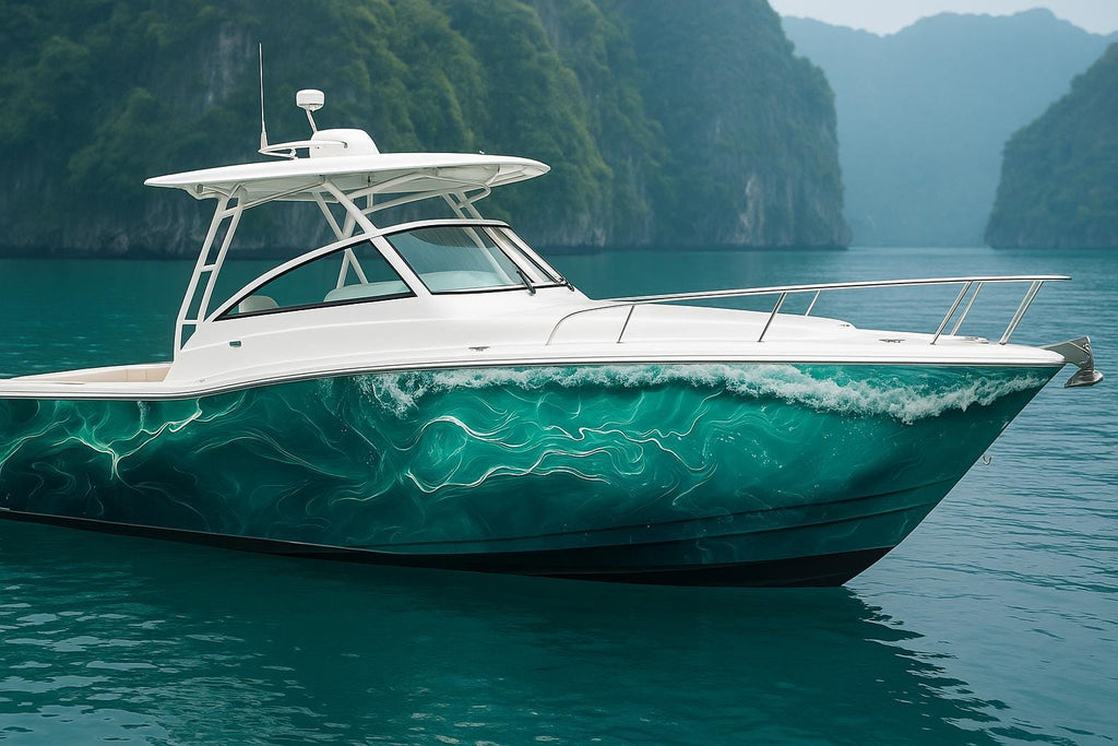 Emerald Wave Boat Wrap – Teal Marble Ocean Vinyl | Custom Marine-Grade Wrap for Yachts, Sport Boats & Fishing Cruisers | Sea-Inspired Design