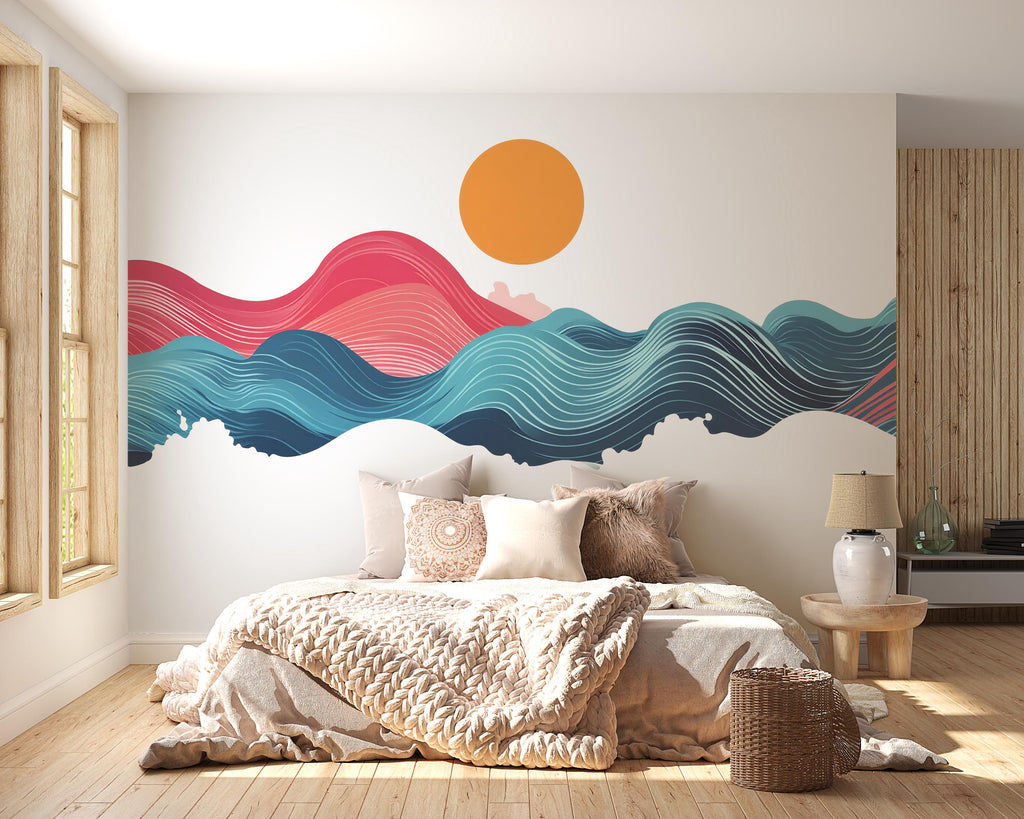 Sunset Ocean Wave Wall Decal – Large Vinyl Peel & Stick Wave Mural, Modern Colorful Sea Wall Sticker for Bedroom, Living Room, Nursery