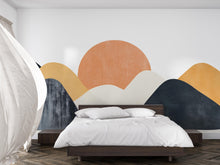 Load image into Gallery viewer, Abstract Mountain Wall Decal – Modern Landscape Sticker, Mid-Century Style Sun &amp; Hills Mural, Large Removable Wall Art for Bedroom, Office