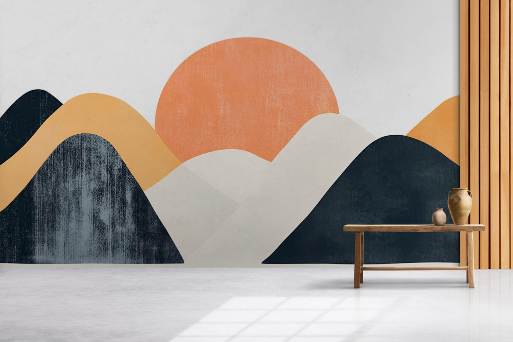 Abstract Mountain Wall Decal – Modern Landscape Sticker, Mid-Century Style Sun & Hills Mural, Large Removable Wall Art for Bedroom, Office