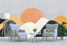 Load image into Gallery viewer, Abstract Mountain Wall Decal – Modern Landscape Sticker, Mid-Century Style Sun &amp; Hills Mural, Large Removable Wall Art for Bedroom, Office