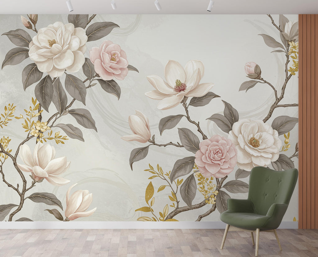 Elegant Magnolia Tree Wall Mural – Hand-Painted Watercolor Blossoms in Blush Pink & White | Romantic Floral Wallpaper 993RS