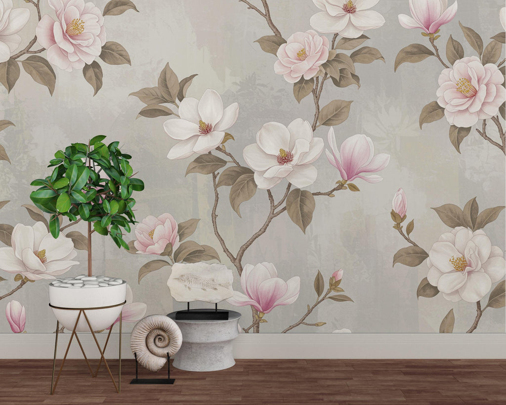 Elegant Magnolia Tree Wall Mural – Hand-Painted Watercolor Blossoms in Blush Pink & White | Romantic Floral Wallpaper 994RS