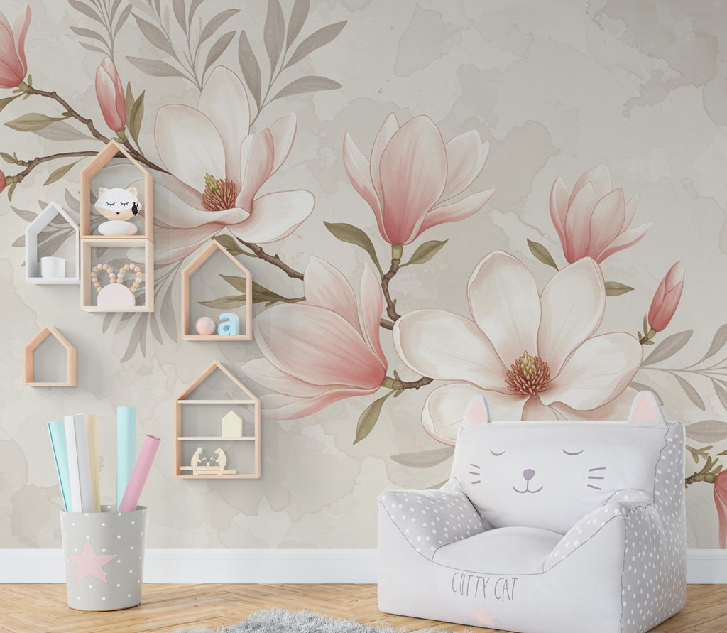 Elegant Magnolia Tree Wall Mural – Hand-Painted Watercolor Blossoms in Blush Pink & White | Romantic Floral Wallpaper 995RS