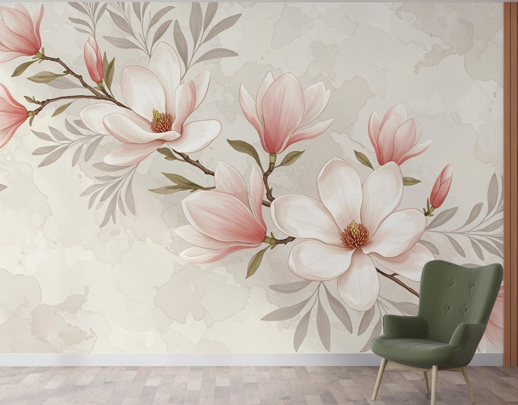Elegant Magnolia Tree Wall Mural – Hand-Painted Watercolor Blossoms in Blush Pink & White | Romantic Floral Wallpaper 995RS