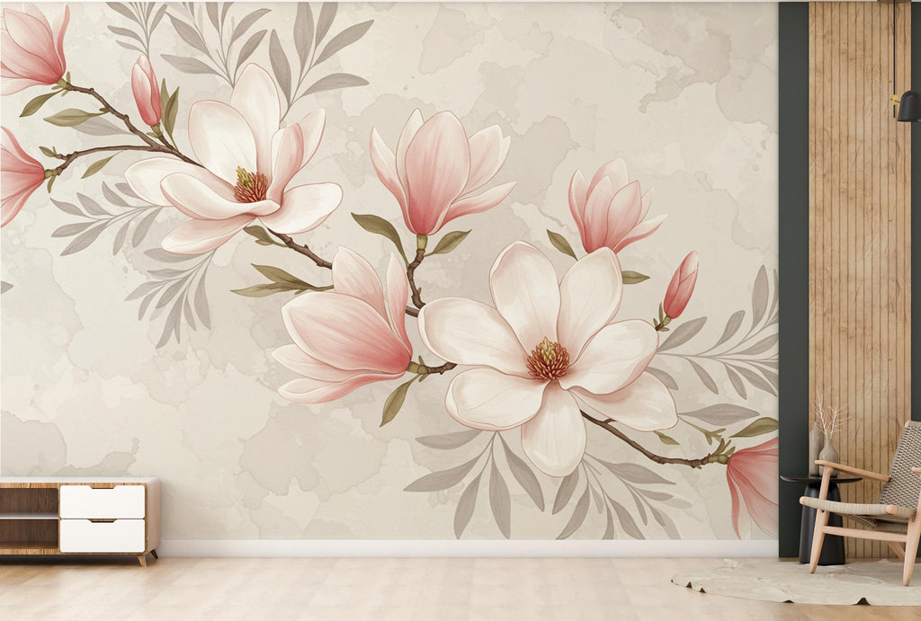 Elegant Magnolia Tree Wall Mural – Hand-Painted Watercolor Blossoms in Blush Pink & White | Romantic Floral Wallpaper 995RS