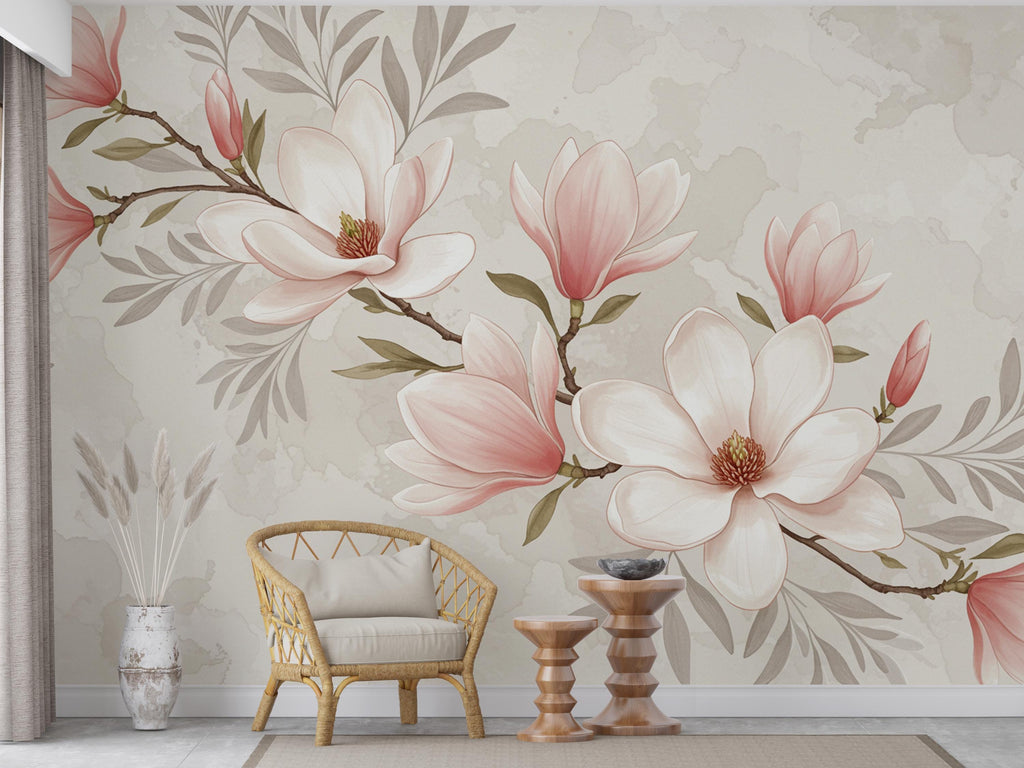 Elegant Magnolia Tree Wall Mural – Hand-Painted Watercolor Blossoms in Blush Pink & White | Romantic Floral Wallpaper 995RS