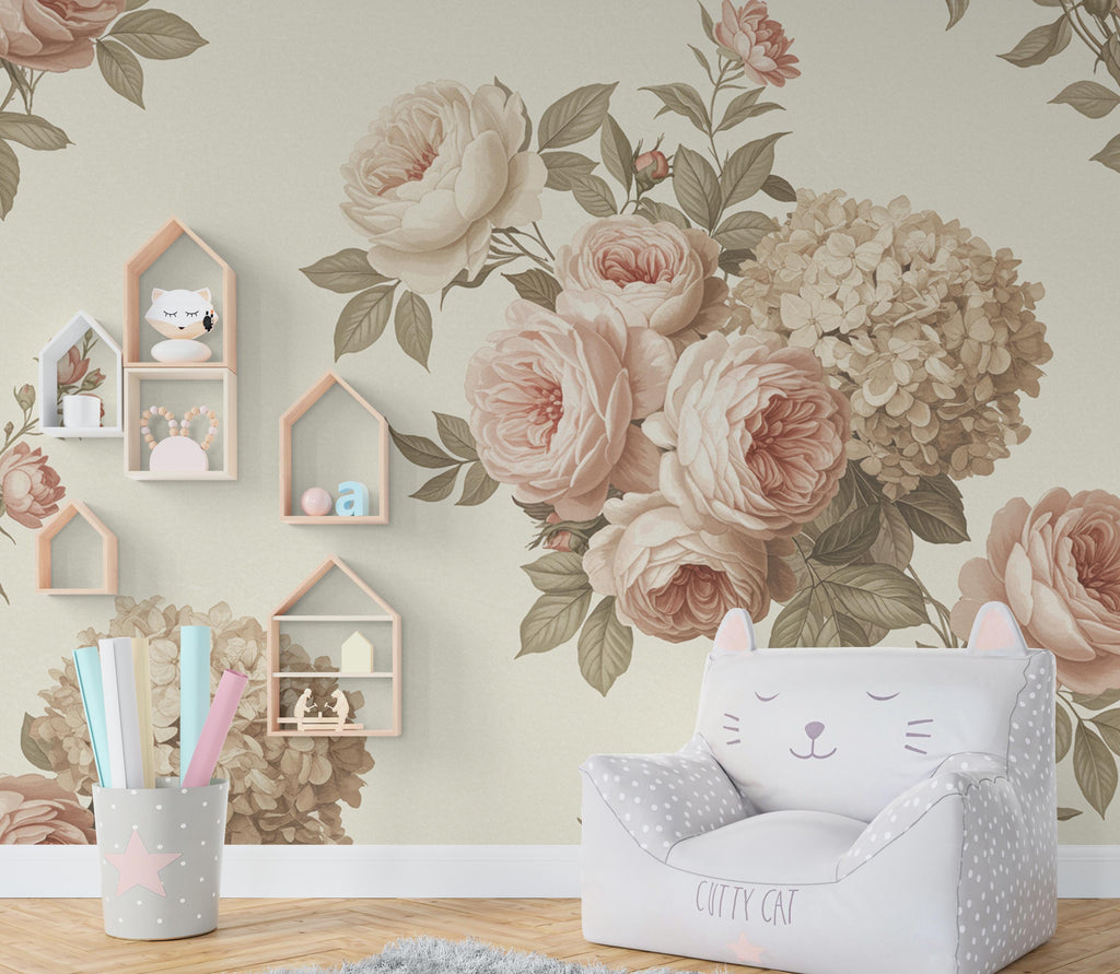 Vintage Floral Wallpaper – Large Peony & Rose Mural Dusty Pink Beige | Romantic Botanical Wall Art, Antique 19th Century Style Decor 996RS