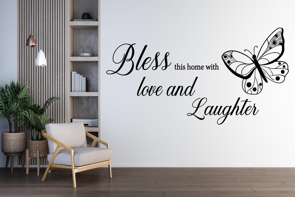 Bless This Home Wall Decal – Butterfly Quote Vinyl Sticker, Family Home Wall Art for Living Room, Entryway, Hallway Decor or Farmhouse 702LU