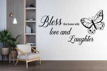 Load image into Gallery viewer, Bless This Home Wall Decal – Butterfly Quote Vinyl Sticker, Family Home Wall Art for Living Room, Entryway, Hallway Decor or Farmhouse 702LU