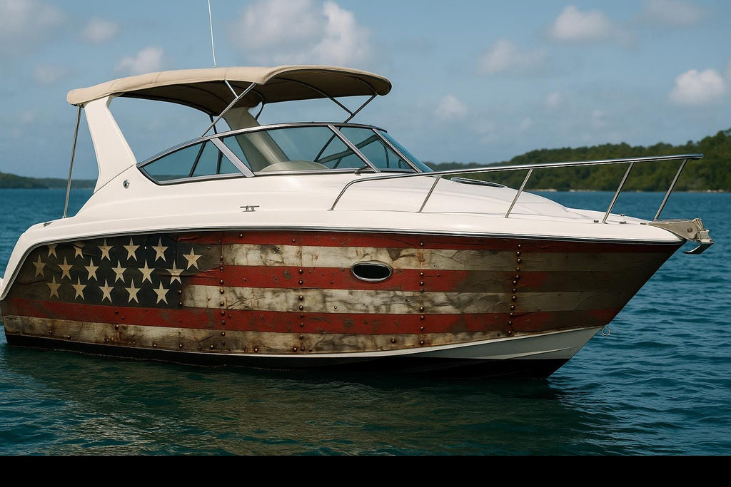 Patriotic American Flag Boat Wrap – Distressed Wood USA Vinyl | Marine-Grade Wrap for Yachts, Fishing Boats & Offshore Cruisers