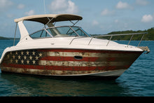 Load image into Gallery viewer, Patriotic American Flag Boat Wrap – Distressed Wood USA Vinyl | Marine-Grade Wrap for Yachts, Fishing Boats &amp; Offshore Cruisers