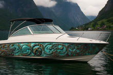 Load image into Gallery viewer, Viking Bronze Boat Wrap – Patina Nordic Marine Vinyl | Metallic Carved Viking Design for Yachts, Sport Boats &amp; Custom Marine Wraps