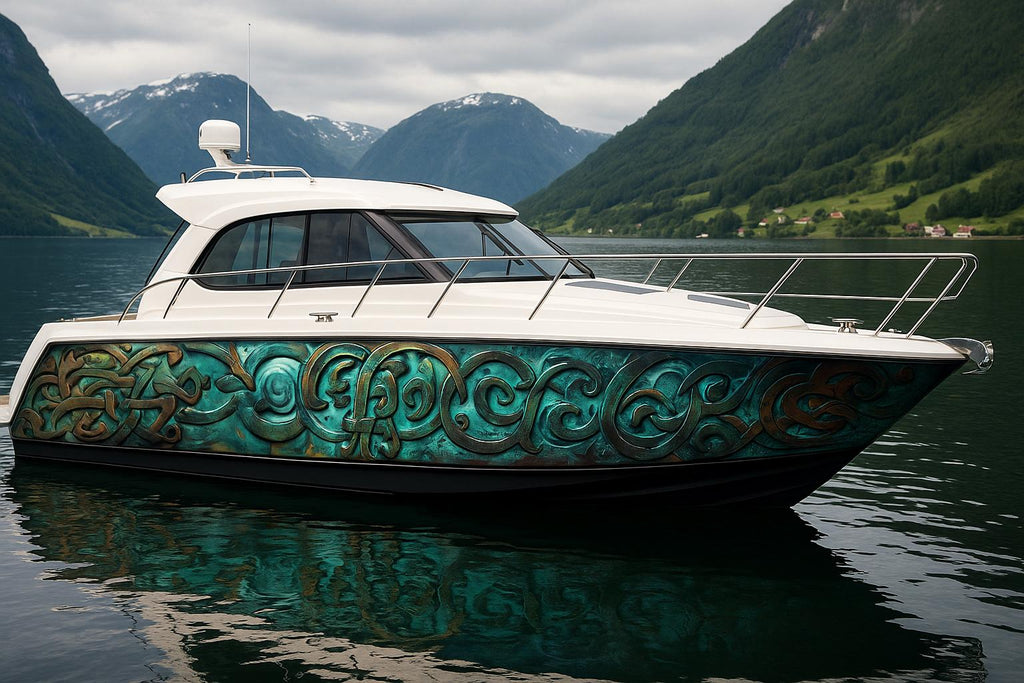 Viking Bronze Boat Wrap – Patina Nordic Marine Vinyl | Metallic Carved Viking Design for Yachts, Sport Boats & Custom Marine Wraps