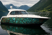 Load image into Gallery viewer, Viking Bronze Boat Wrap – Patina Nordic Marine Vinyl | Metallic Carved Viking Design for Yachts, Sport Boats &amp; Custom Marine Wraps