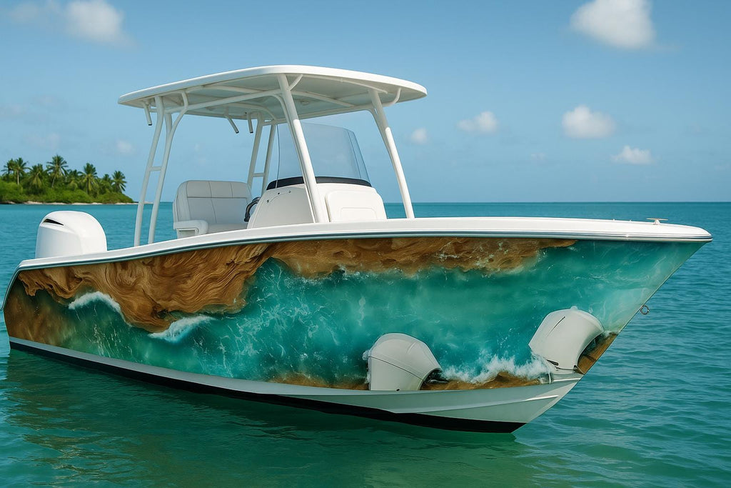 Ocean Drift Resin Boat Wrap – Aqua Wave & Wood Grain Marine Vinyl | Luxury Yacht And Sport Boat Wrap | Teal Resin Water Flow Design