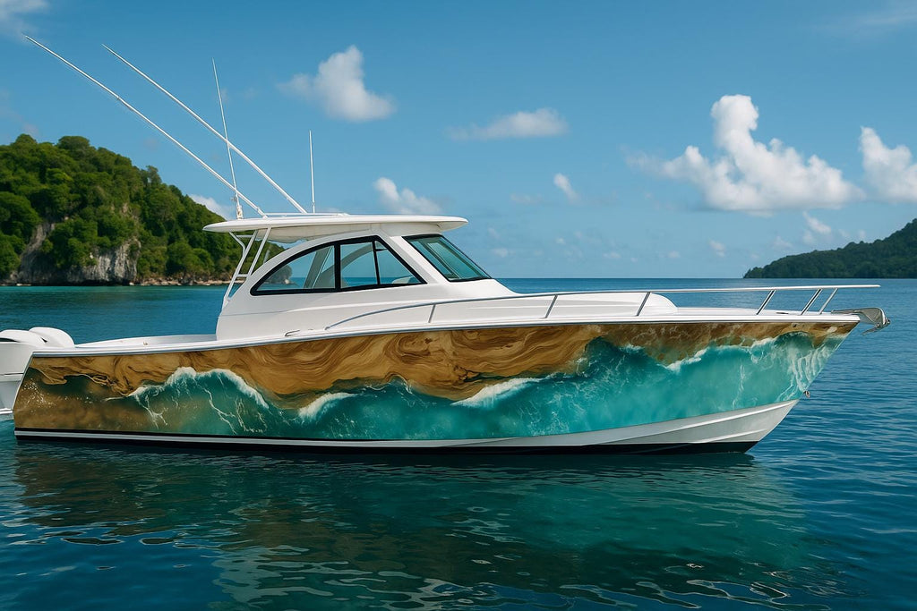 Ocean Drift Resin Boat Wrap – Aqua Wave & Wood Grain Marine Vinyl | Luxury Yacht And Sport Boat Wrap | Teal Resin Water Flow Design