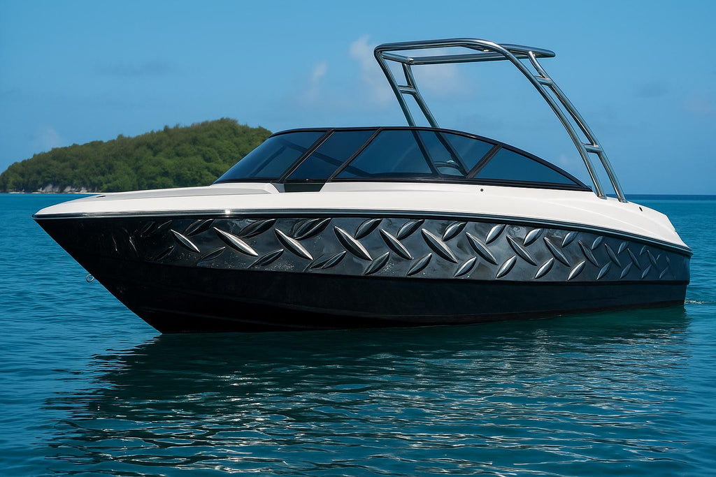 Diamond Plate Boat Wrap – Industrial Metal Marine Vinyl | Luxury Yacht & Sport Boat Wrap | Silver Steel Texture With Gloss Finish