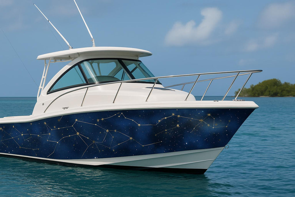 Celestial Constellations Boat Wrap – Midnight Blue And Gold Marine Vinyl | Luxury Yacht & Sport Boat Wrap | Starry Sky Galaxy Design
