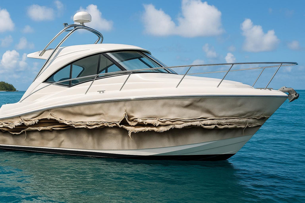 Torn Canvas Boat Wrap – Realistic 3D Weathered Fabric Marine Vinyl | Luxury Yacht & Sport Boat Wrap | Rugged Nautical Design