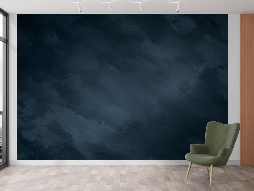 Midnight Navy Limewash Wallpaper Mural – Dark Blue Textured Wall, Slate & Ink Blue Cloudy Gradient, Modern Moody Interior Wall Art 188DE