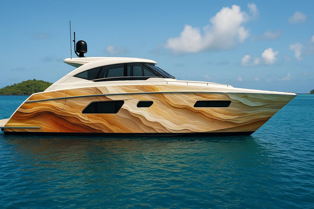 Golden Dunes Boat Wrap – Desert Sand Wave Marine Vinyl | Luxury Yacht & Sport Boat Wrap | Gold Beige Gradient Water Texture Design