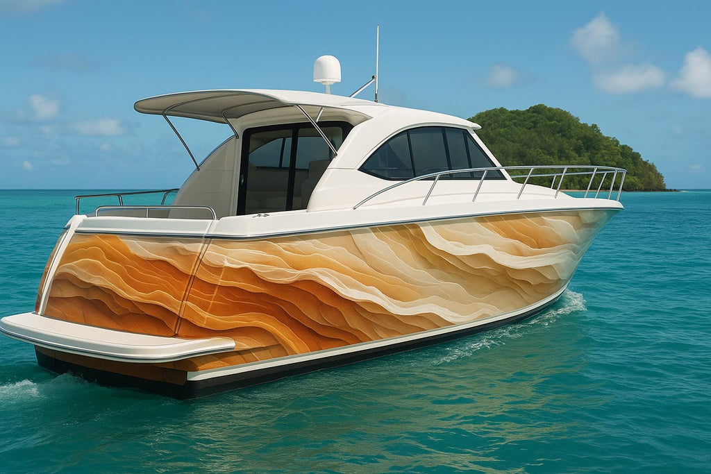 Golden Dunes Boat Wrap – Desert Sand Wave Marine Vinyl | Luxury Yacht & Sport Boat Wrap | Gold Beige Gradient Water Texture Design