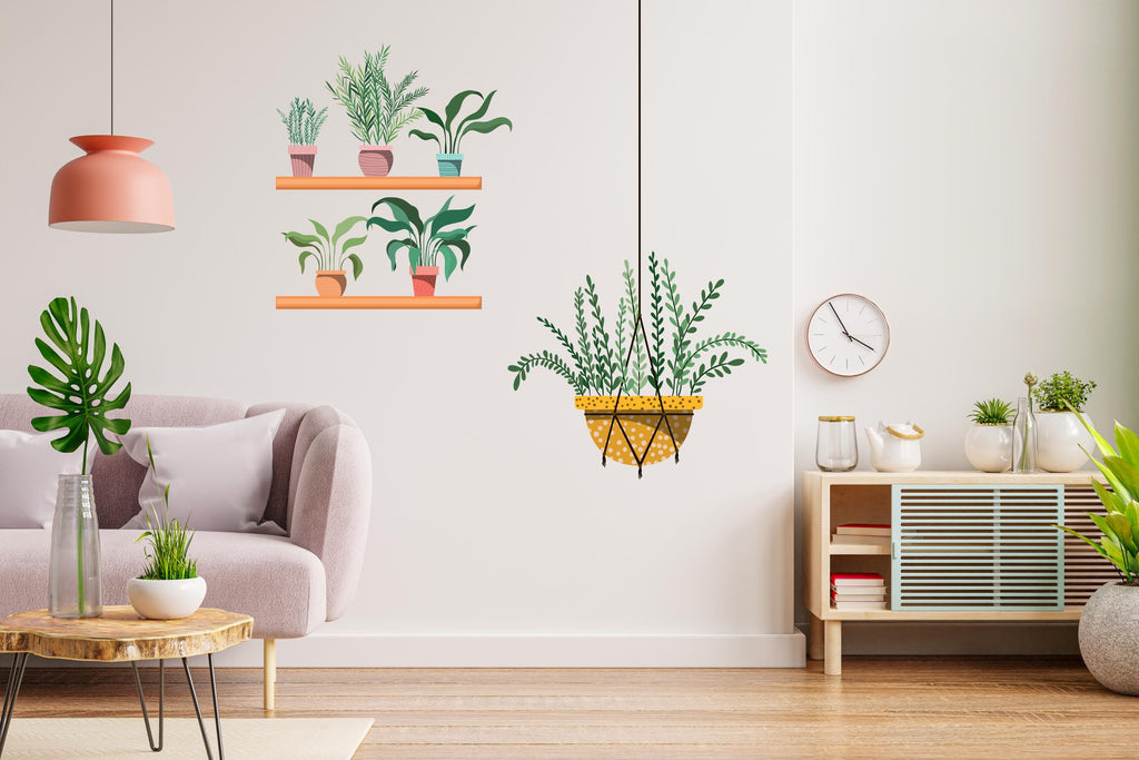 Hanging Plants in Pots wall vinyl sticker decal, Plants wall decoration, Flower plant wall decal, Living Room decor, Mural decoration 708LU