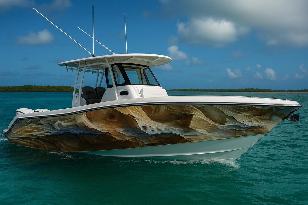 Desert Mirage Boat Wrap – Sandstone Wave Marine Vinyl | Luxury Yacht Wrap | Gold Beige Gradient Ocean-Inspired Boat Graphics