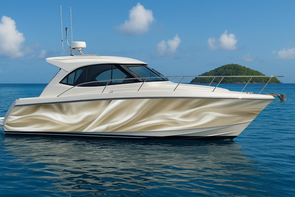 Champagne Silk Boat Wrap – Luxury Pearl Marine Vinyl | Elegant Cream Wave Yacht Wrap | Gloss or Satin Finish | Custom Premium Boat Graphics
