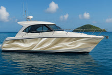 Load image into Gallery viewer, Champagne Silk Boat Wrap – Luxury Pearl Marine Vinyl | Elegant Cream Wave Yacht Wrap | Gloss or Satin Finish | Custom Premium Boat Graphics