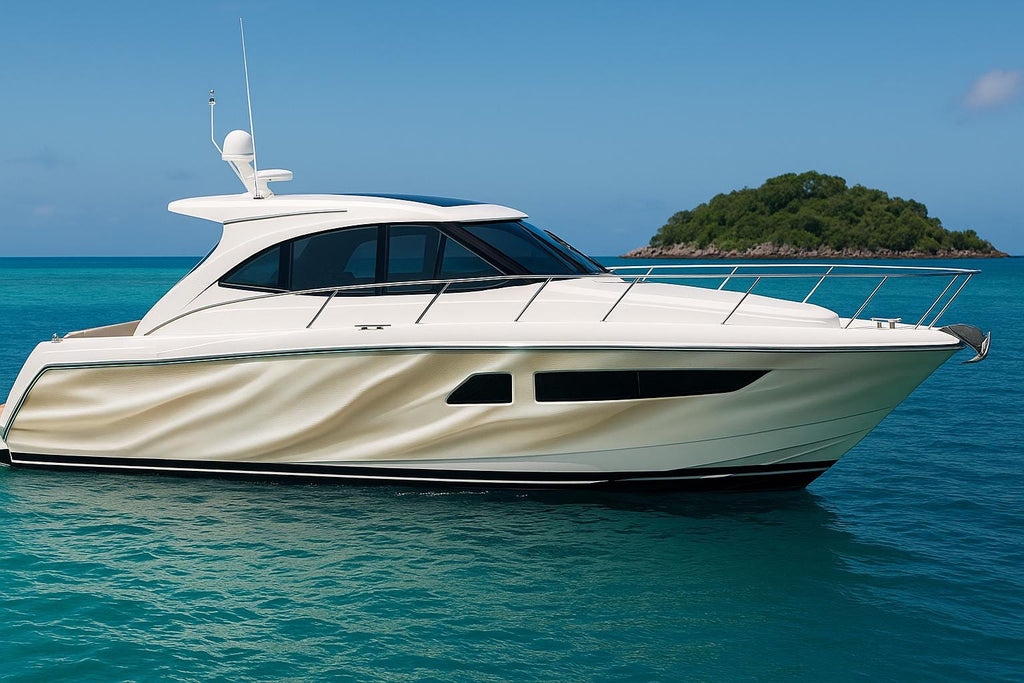 Champagne Silk Boat Wrap – Luxury Pearl Marine Vinyl | Elegant Cream Wave Yacht Wrap | Gloss or Satin Finish | Custom Premium Boat Graphics