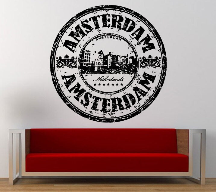 Amsterdam Netherlands Stamp Wall Decal Sticker Vinyl Mural Leaving Bedroom Room Home Decor FREE SHIPPING L324