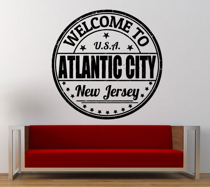 Atlantic City New Jersey Stamp Wall Decal Sticker Vinyl Mural Leaving Bedroom Room Home Decor FREE SHIPPING L347