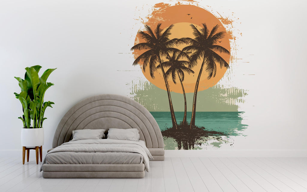 Tropical Sunset Palm Tree Wall Decal – Retro Beach Wall Art | Coastal Palm Tree Sticker | Summer Wall Decor | Peel and Stick Mural