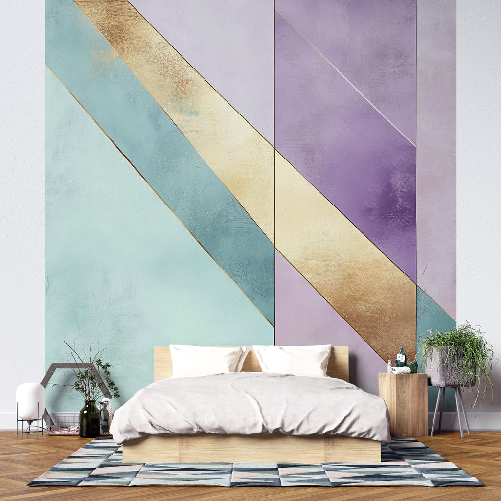 Pastel Gold Geometric Wall Decal – Luxury Abstract Wall Art | Modern Color Block Sticker | Bedroom Accent Mural | Mint Lavender Gold