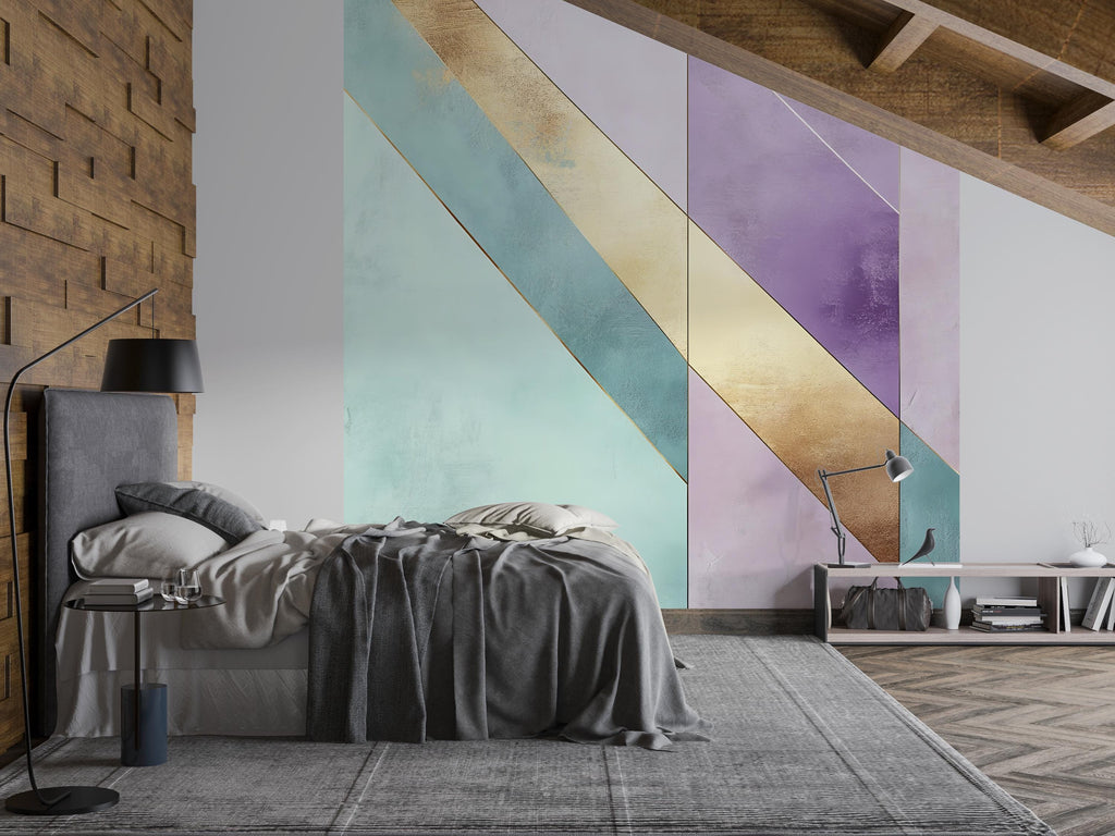 Pastel Gold Geometric Wall Decal – Luxury Abstract Wall Art | Modern Color Block Sticker | Bedroom Accent Mural | Mint Lavender Gold