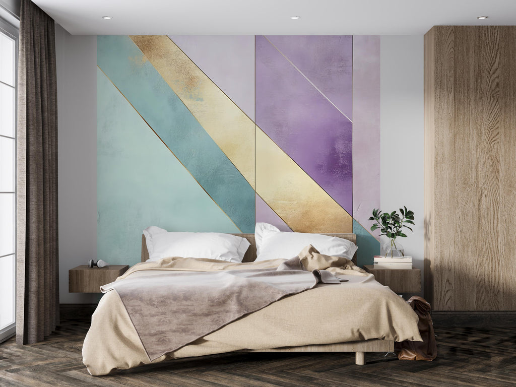 Pastel Gold Geometric Wall Decal – Luxury Abstract Wall Art | Modern Color Block Sticker | Bedroom Accent Mural | Mint Lavender Gold