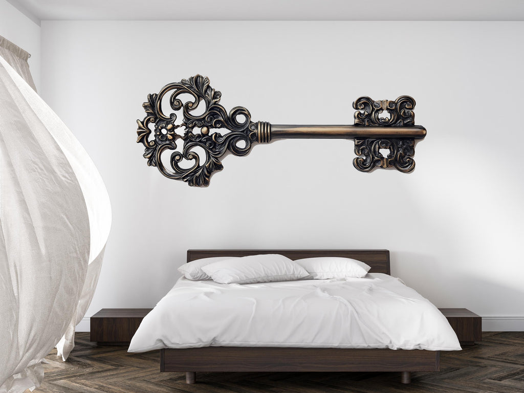 Antique Key Wall Decal • Ornate Vintage Key Sticker • Large Victorian Wall Art • Steampunk Bedroom Decor • Retro Metal Key Mural •