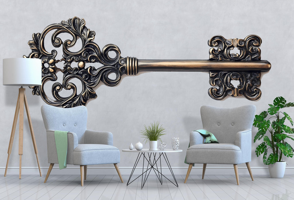 Antique Key Wall Decal • Ornate Vintage Key Sticker • Large Victorian Wall Art • Steampunk Bedroom Decor • Retro Metal Key Mural •