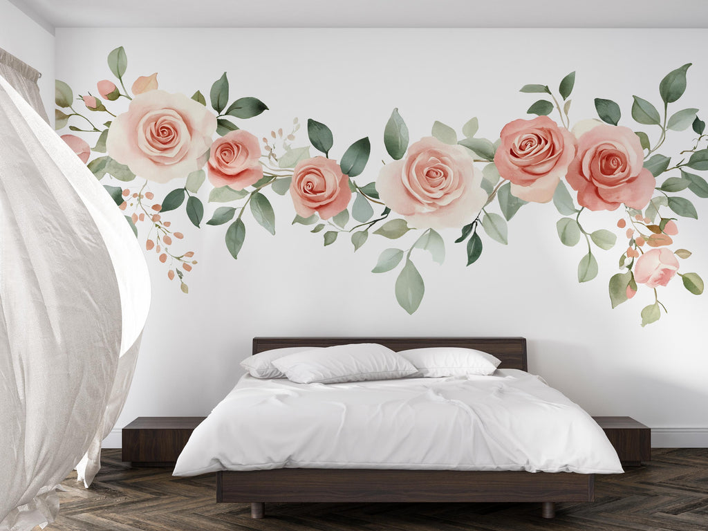 Blush Rose Wall Decal • Large Floral Wall Sticker • Watercolor Flower Mural for Bedroom • Elegant Botanical Peel & Stick Wall Art • Romantic