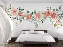 Load image into Gallery viewer, Blush Rose Wall Decal • Large Floral Wall Sticker • Watercolor Flower Mural for Bedroom • Elegant Botanical Peel &amp; Stick Wall Art • Romantic