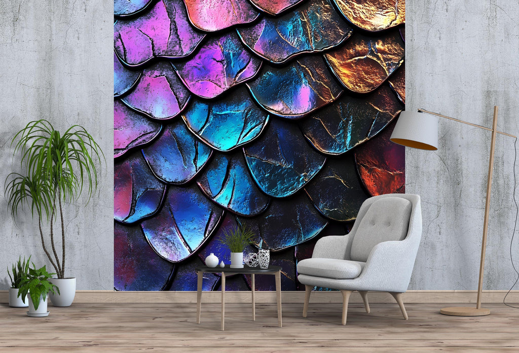 Iridescent Mermaid Scales Wall Decal – Luxury Nail Salon Wall Art | Holographic Texture Sticker | Beauty Studio Decor | Peel & Stick Accent
