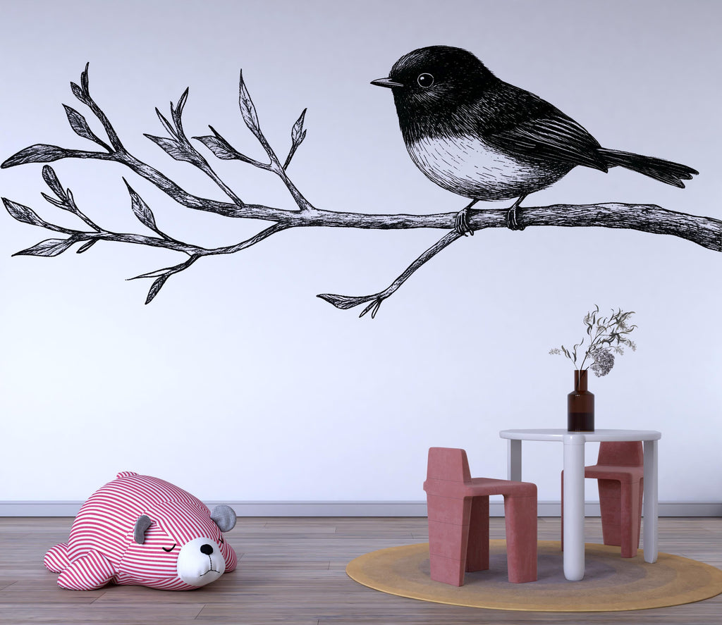 Bird Wall Decal • Black And White Bird On Branch Sticker • Nature Nursery Wall Art • Kids Room Woodland Mural • Large Removable Animal