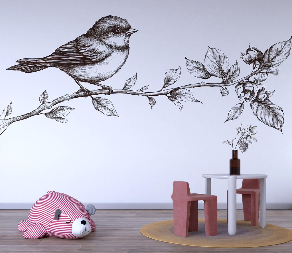Bird On Branch Wall Decal, Nursery Bird Sticker, Nature Kids Room Decor, Botanical Branch Mural, Vintage Line Art Wall Sticker