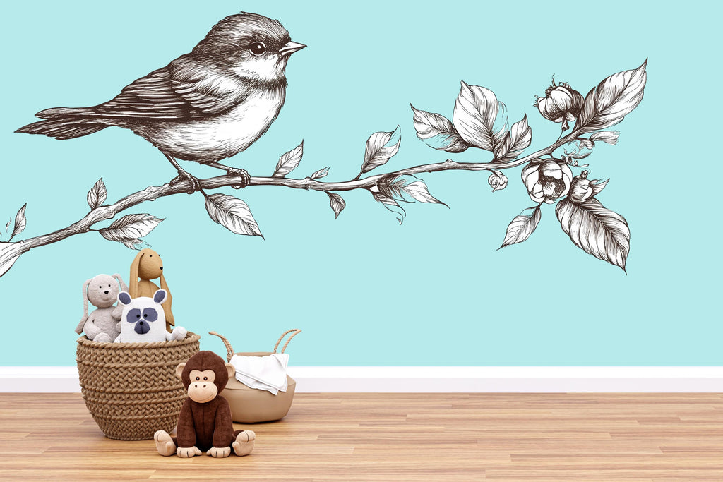 Bird On Branch Wall Decal, Nursery Bird Sticker, Nature Kids Room Decor, Botanical Branch Mural, Vintage Line Art Wall Sticker