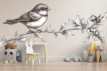 Load image into Gallery viewer, Bird On Branch Wall Decal, Nursery Bird Sticker, Nature Kids Room Decor, Botanical Branch Mural, Vintage Line Art Wall Sticker