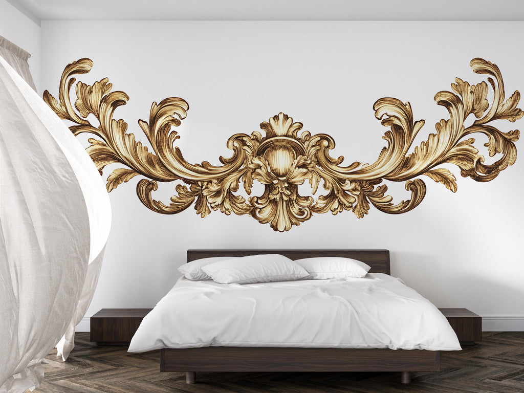 Golden Baroque Wall Decal, Ornamental Wall Sticker, Luxury Decor Mural, Classical Scroll Design, Elegant Bedroom Wall Art Sticker