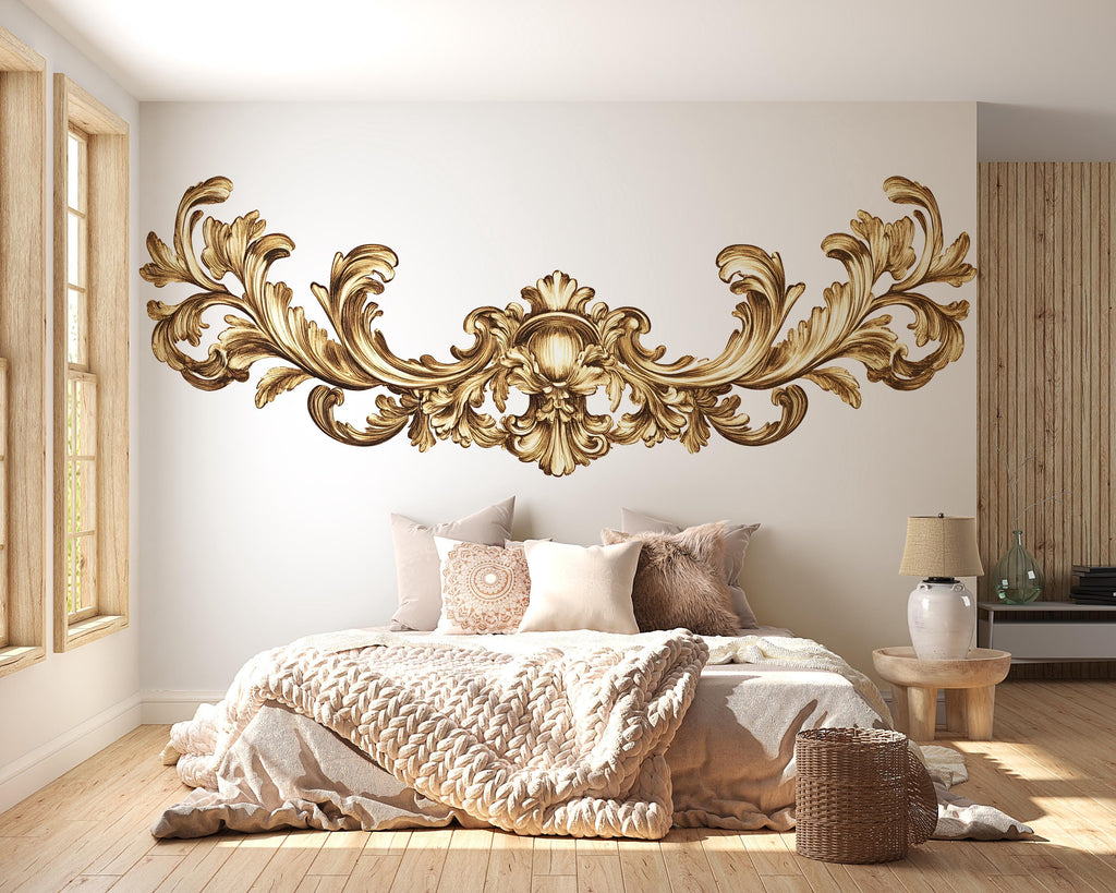 Golden Baroque Wall Decal, Ornamental Wall Sticker, Luxury Decor Mural, Classical Scroll Design, Elegant Bedroom Wall Art Sticker