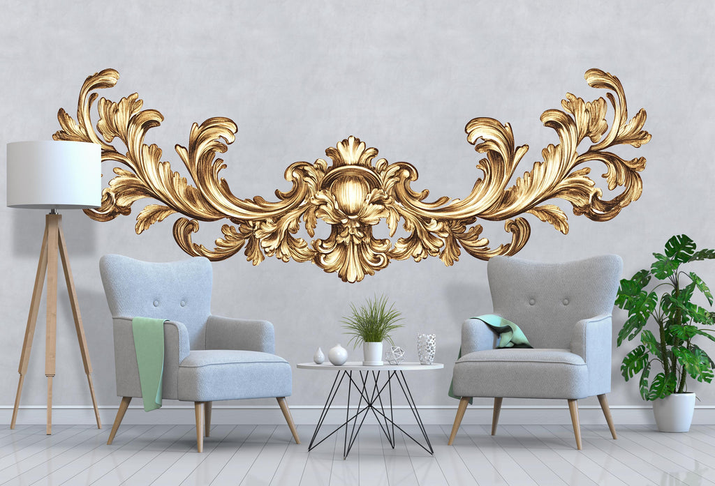 Golden Baroque Wall Decal, Ornamental Wall Sticker, Luxury Decor Mural, Classical Scroll Design, Elegant Bedroom Wall Art Sticker